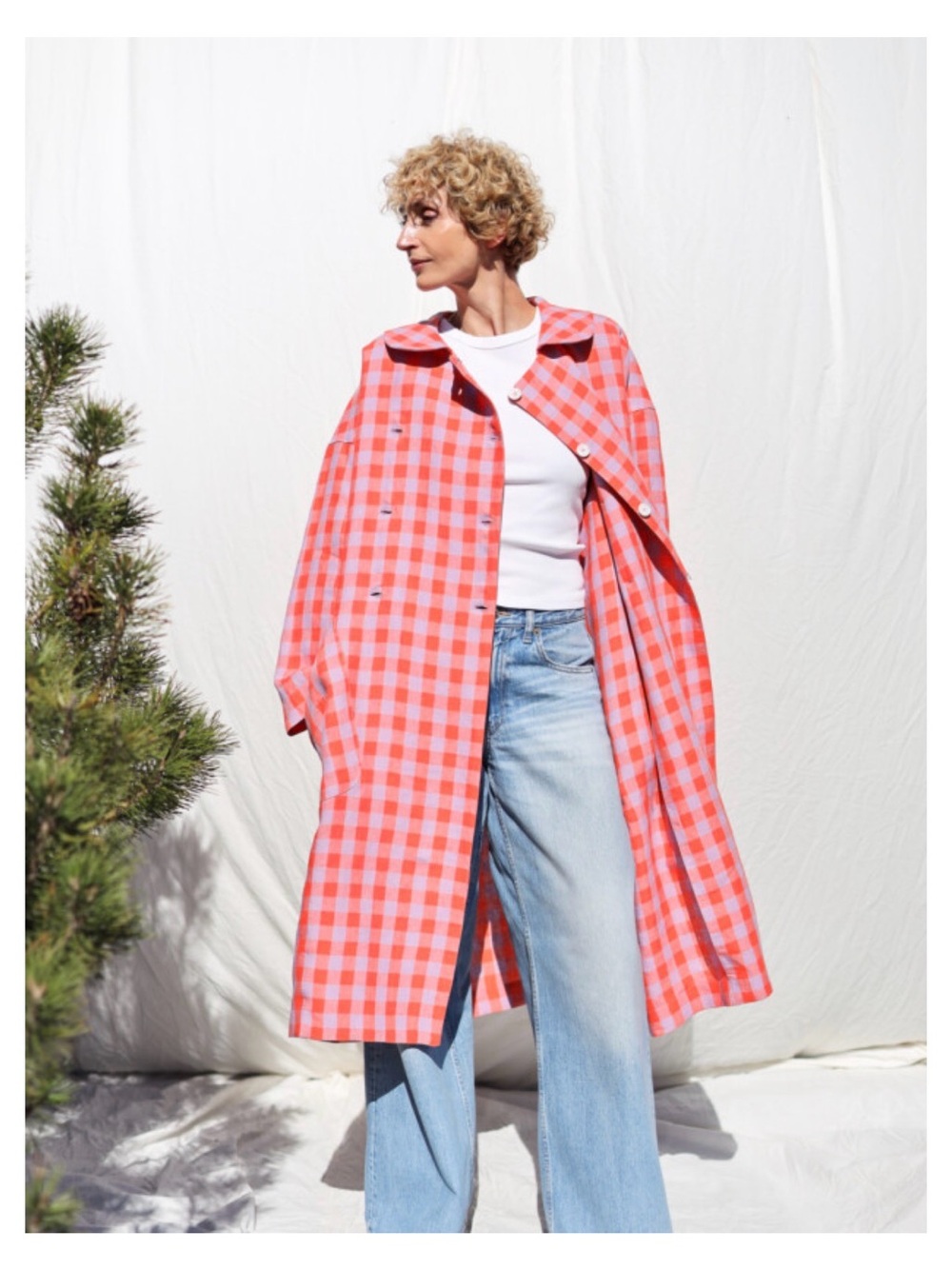NWOT Offon Clothing Double Breasted Linen Oversized Coat In Checks